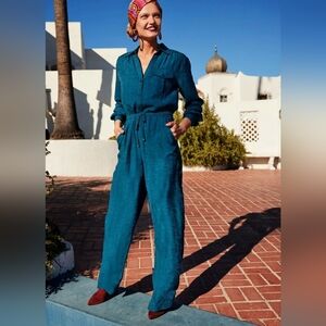 Trina Turk Banita Women's 12 Teal Green Floral Jacquard Wide Leg Jumpsuit New